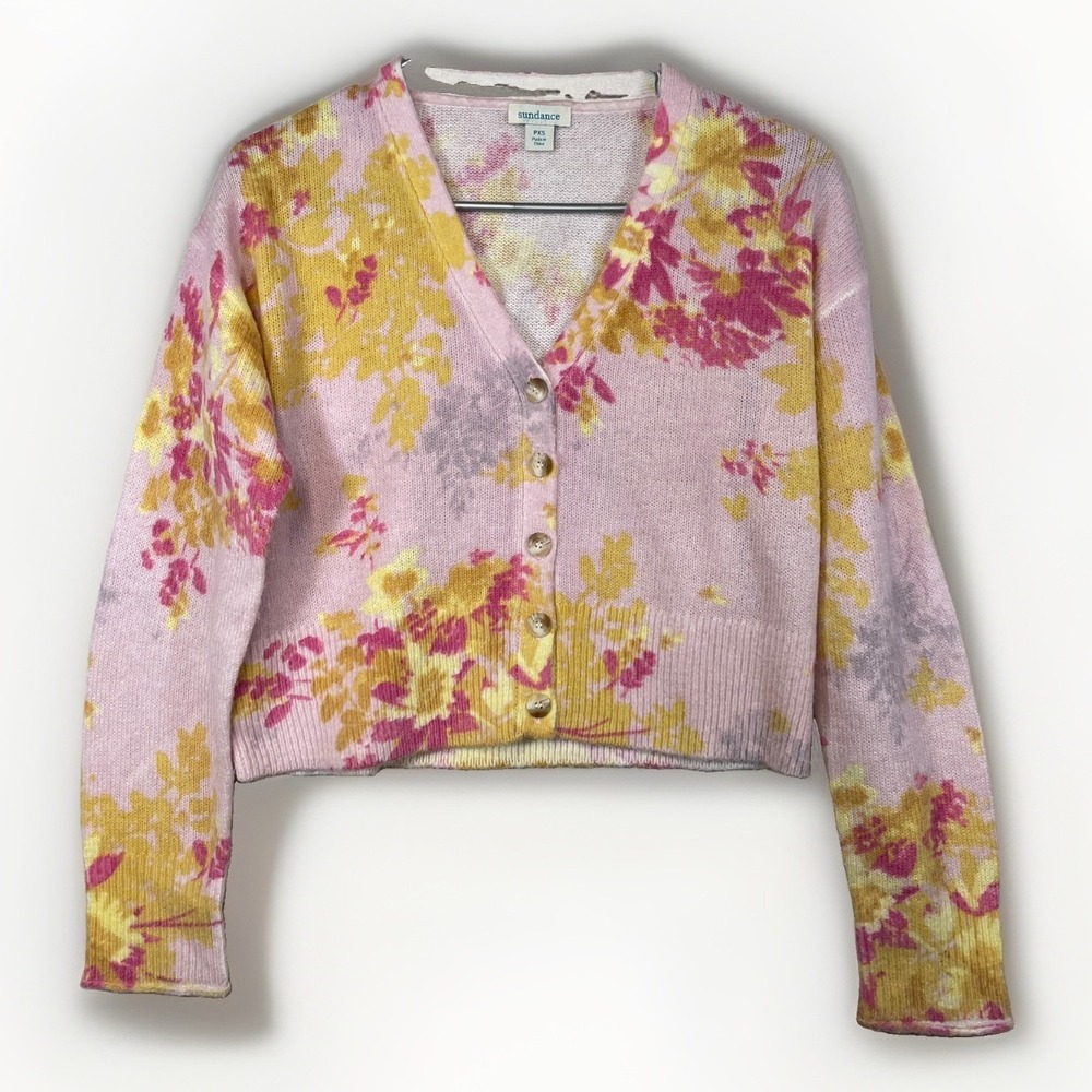 Sundance Petite XS Wool Blend Dahlia Bloom Cropped Cardigan Button Sweater